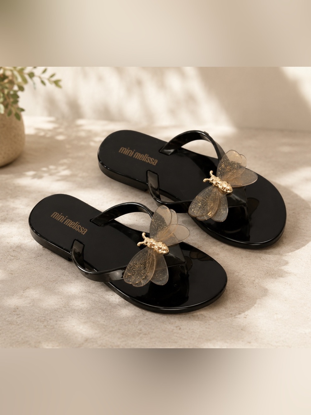 Mini Melissa Black Sandals with Gold Insect Accent Kids Like New Worn Once 11 US